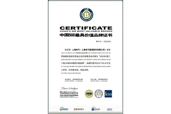 Společnost Shanghai Electric byla institutem World Brand Lab označena za jednu z 500 nejhodnotnějších značek v Číně
