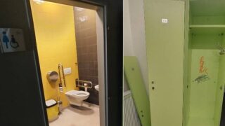 Bezberiérové toalety bez dveří, zdevastované skříňky