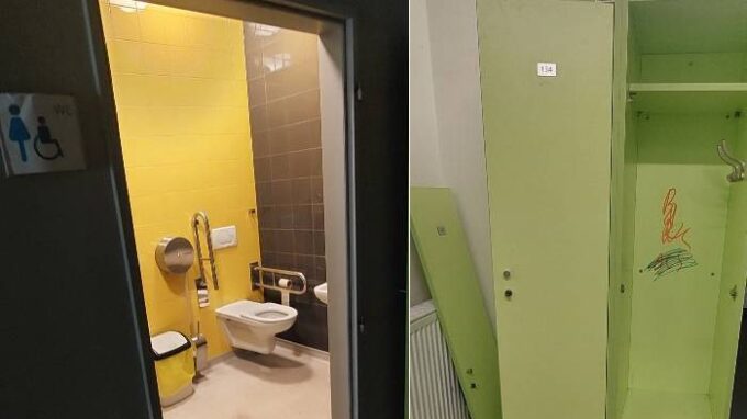 Bezberiérové toalety bez dveří, zdevastované skříňky